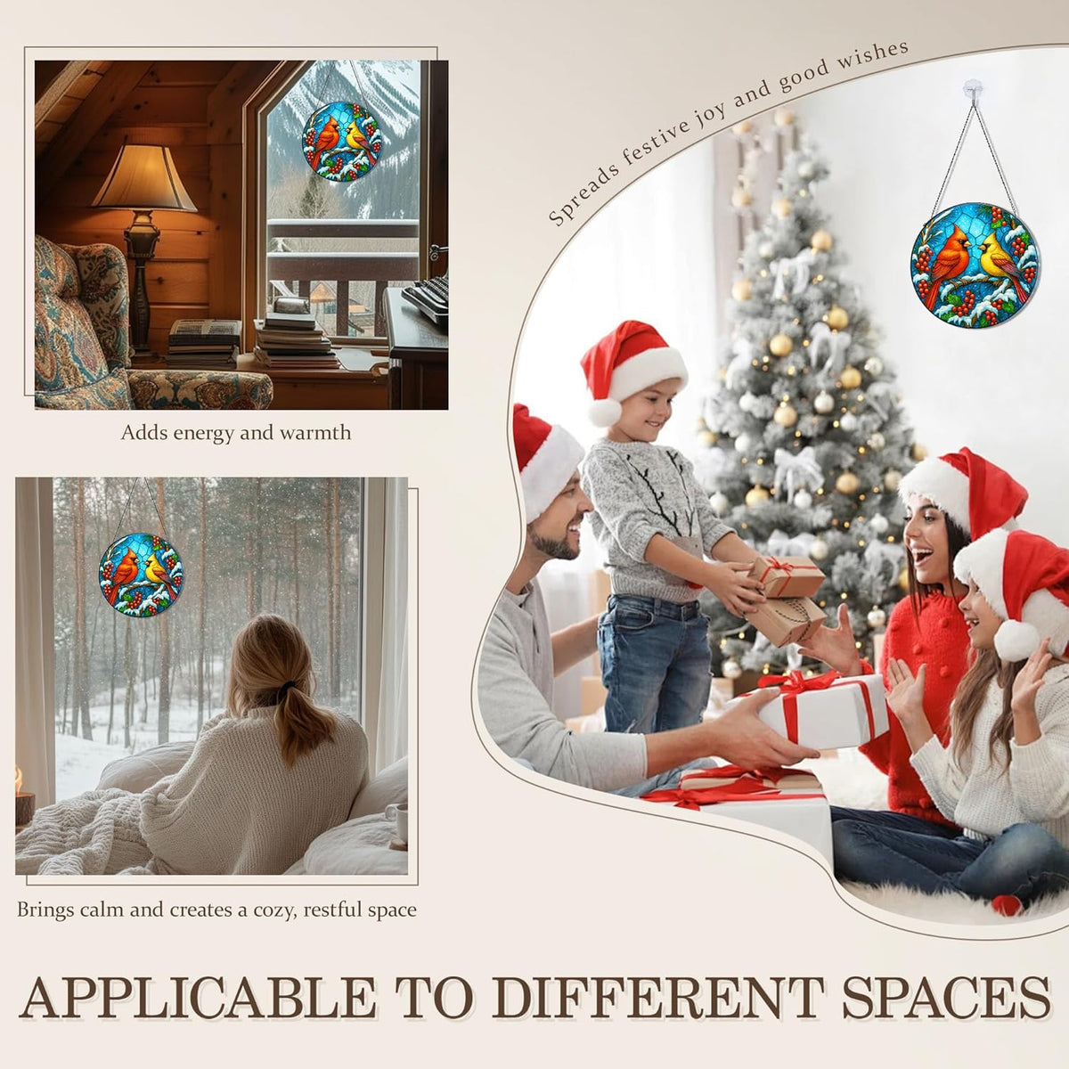 Stained Glass Window Hanging,Winter Red Cardinal Sun Catchers Stained Glass Panels for Indoor