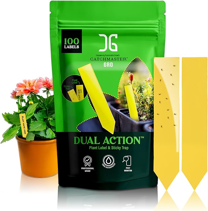 Catchmaster Dual Action Plant Labels 100 PK, Sticky Insect Trap Plant Stakes, for Live Plants