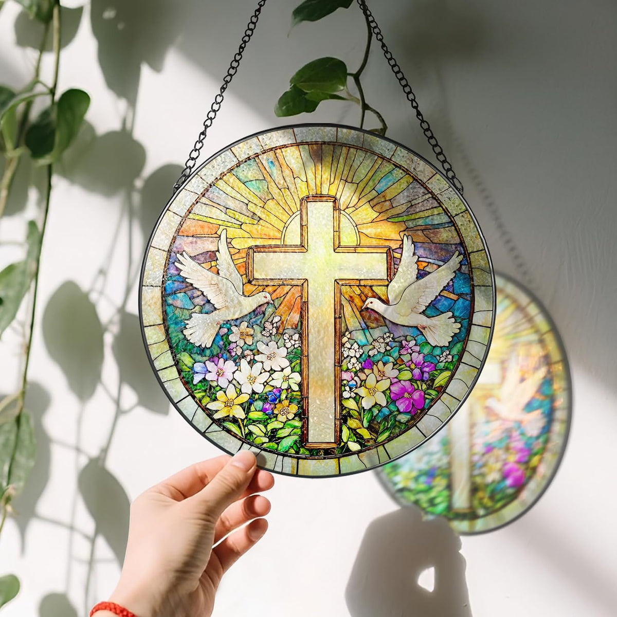 Cross and Wildflowers Stained Glass Suncatcher, 8 Inch Christian Stained Glass Windows Hanging