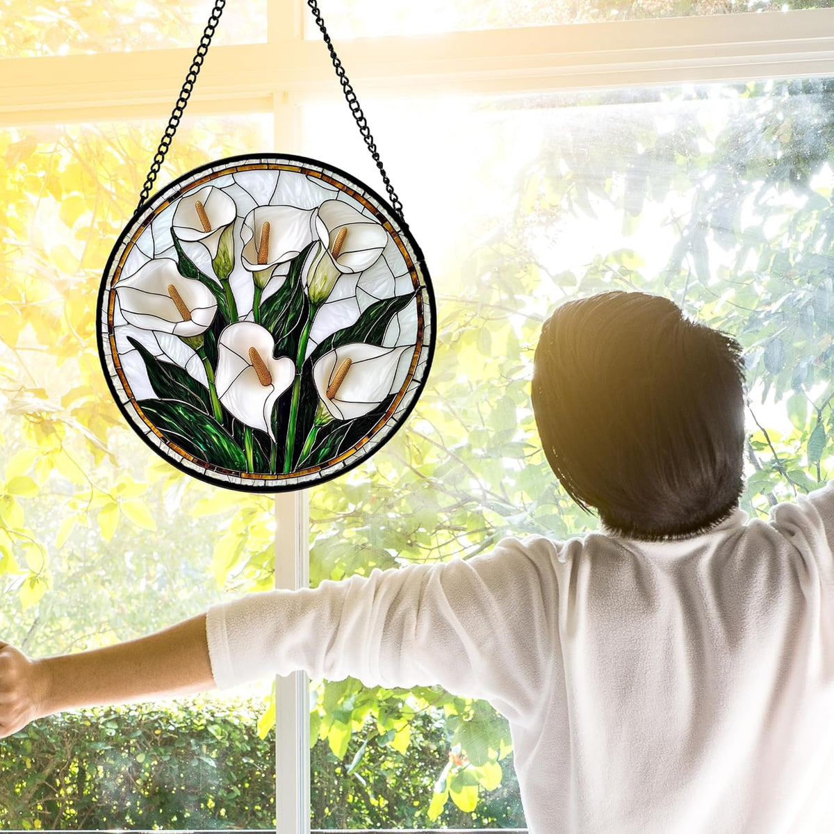 Stained Glass Window Hanging, White Calla Lily Flowers Sun Catchers Glass Panel Plant Suncatcher