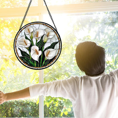 Stained Glass Window Hanging, White Calla Lily Flowers Sun Catchers Glass Panel Plant Suncatcher
