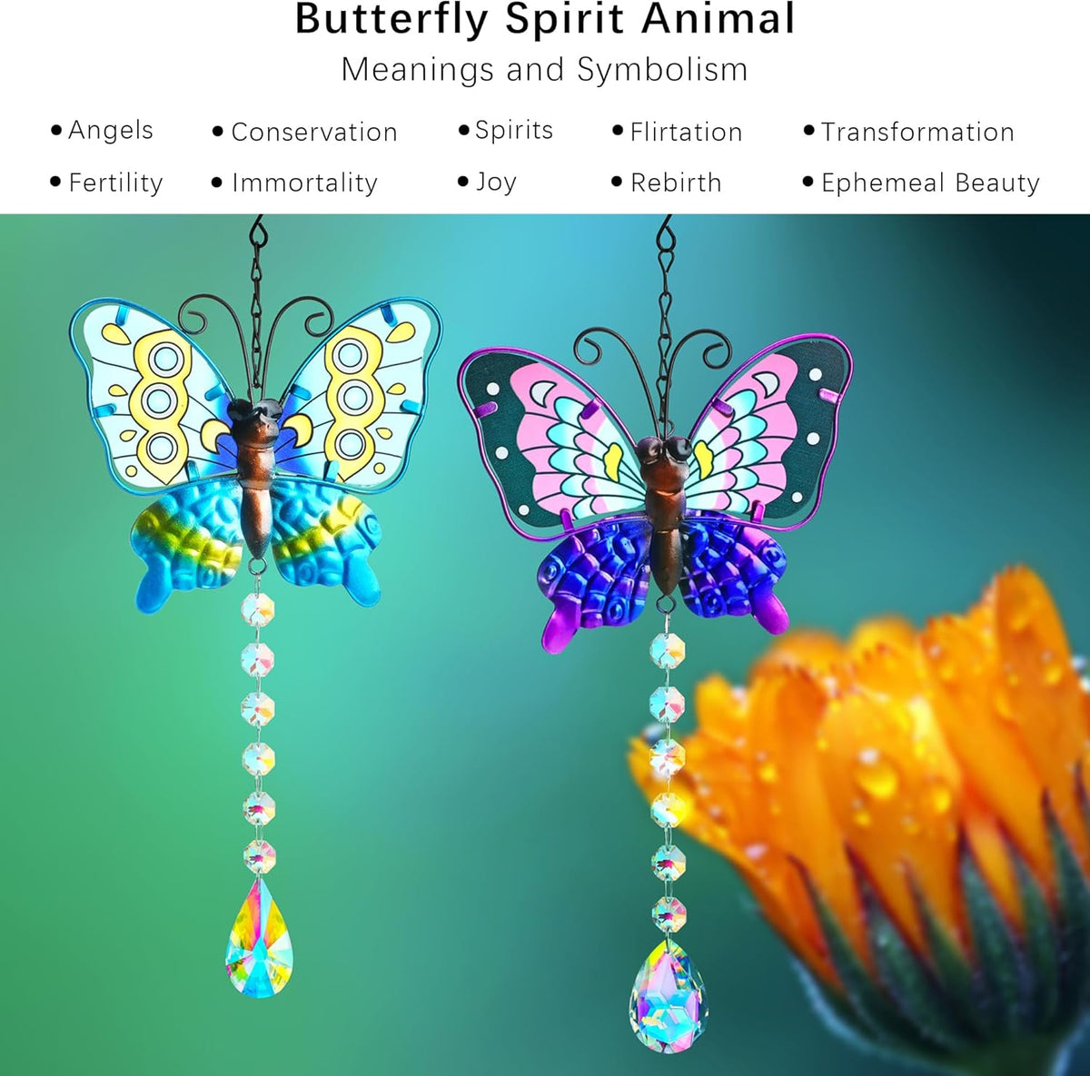 Set 2 Metal Butterfly Suncatchers for Windows - 14" Outdoor Fence Wall Art Decor, Rainbow Prisms