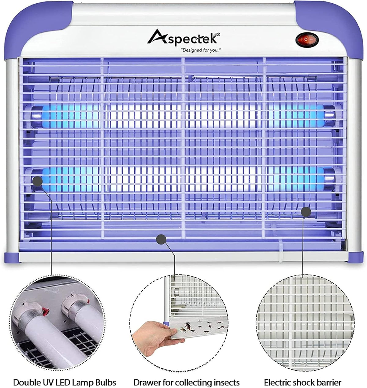 ASPECTEK 20W Indoor Bug Zapper, Powerful UV Bugs Lamp Attract Insects and 2800V Grid Kills Flying