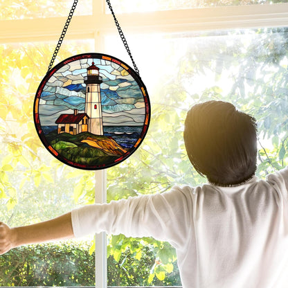 Stained Glass Window Hanging, Ocean Lighthouse Sun Catchers Glass Panel Blue Green Suncatcher Decor