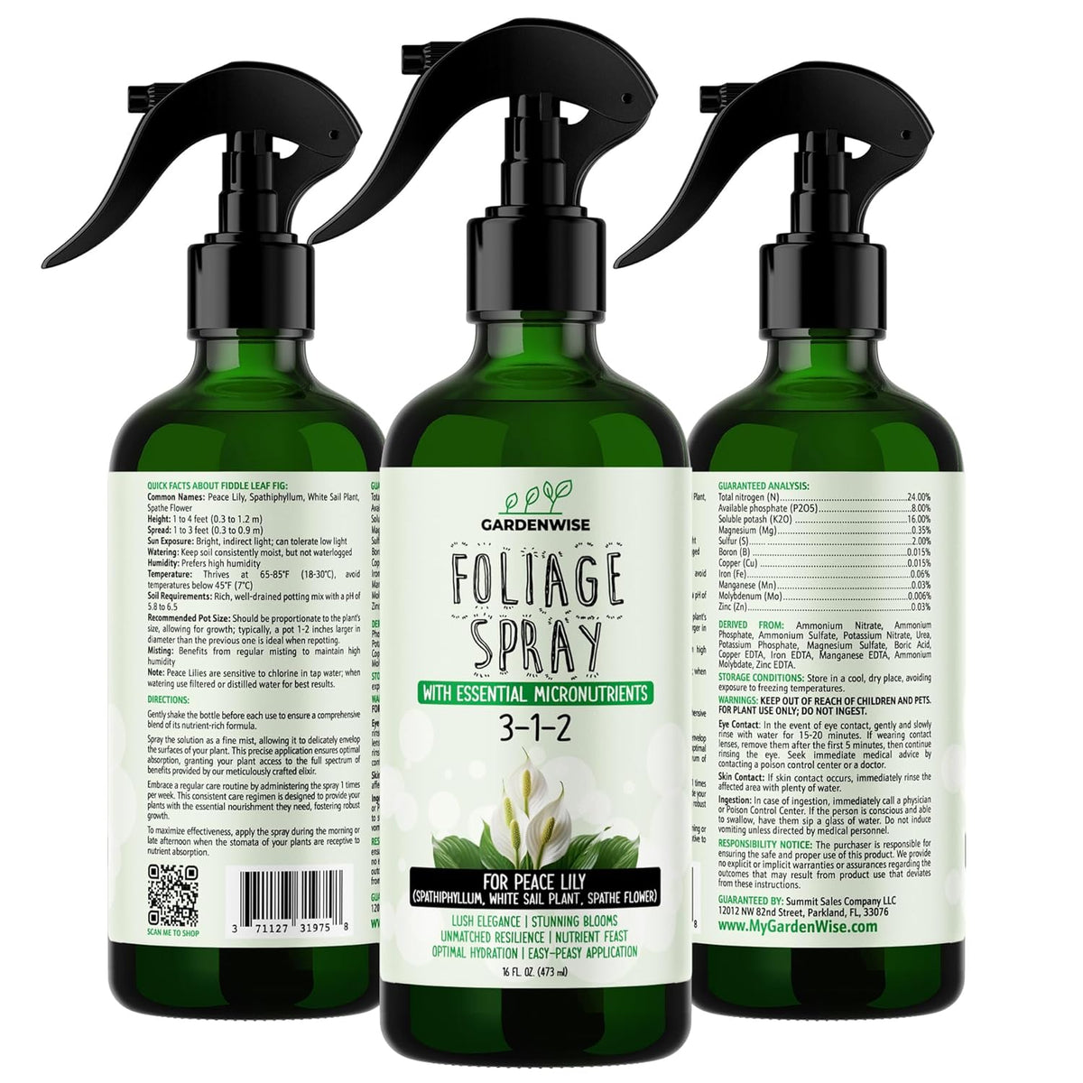 Peace Lily Foliar Spray - 3-1-2 Plant Fertilizer - Premium Spray for Indoor Plants with Essential