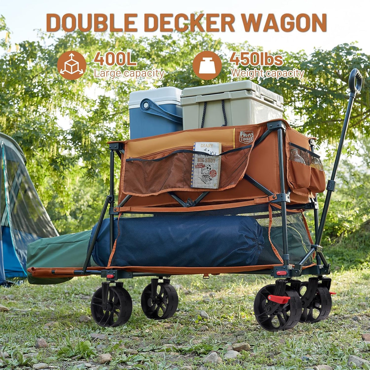 TIMBER RIDGE 400L Large Capacity Folding Double Decker Wagon with Brakes, 54" Extra Long Extender