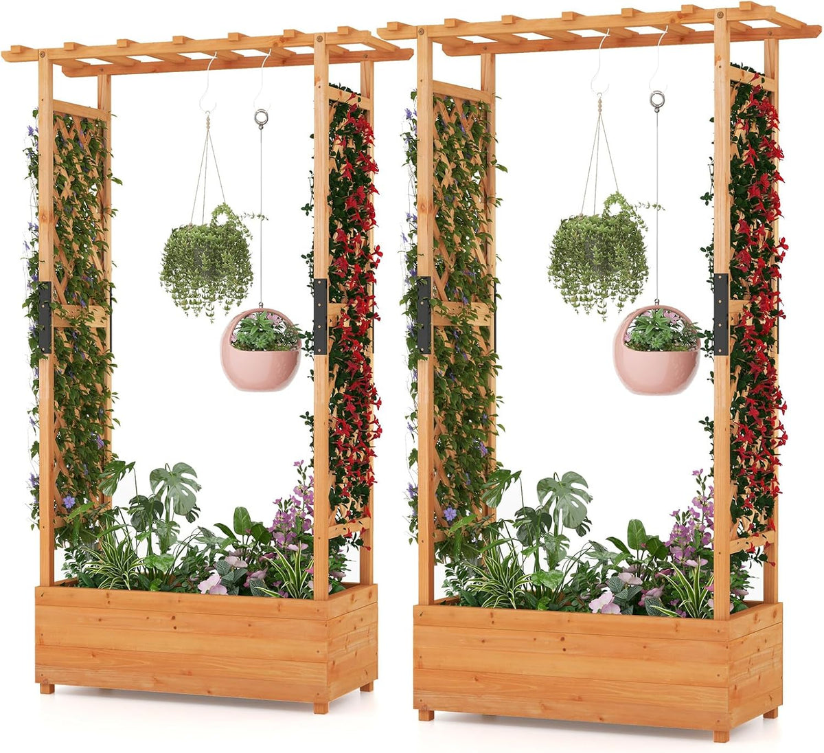 S AFSTAR 72 Inch Raised Garden Bed with Arch Trellis, Hanging Roof & Drainage Holes, 2 Pieces