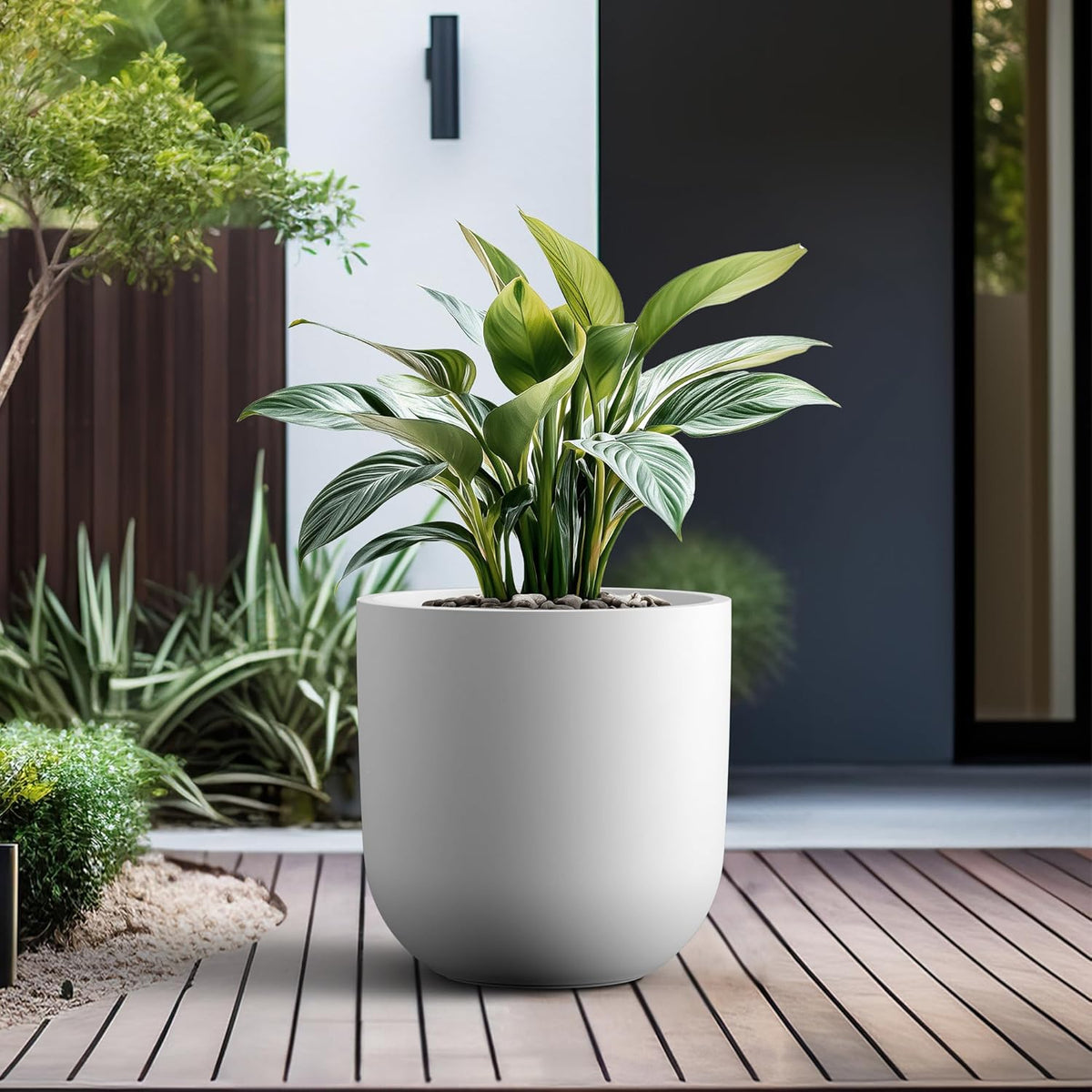 Kante 16.5" Round Concrete Planter, Large Cylinder Plant Pot with Curved Bottom and Drainage Hole