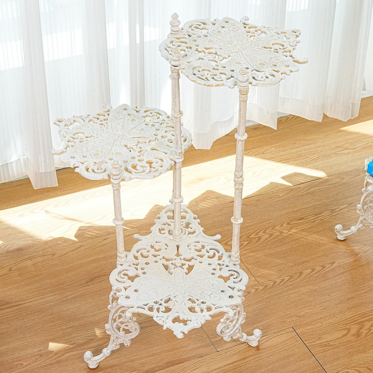Sungmor Vintage Cast Iron 3-Tier Plant Stand, Elegant Butterfly & Floral Design with Antique White