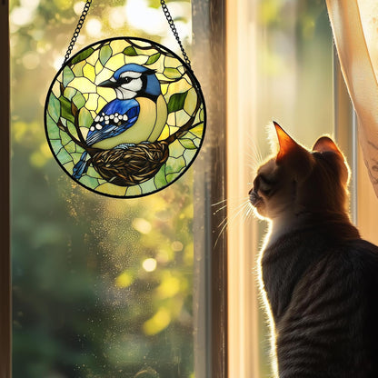 Stained Glass Window Hanging 4 Pcs Set Bird Theme On Branch 9.8" - Cardinal Suncatcher Door Garden