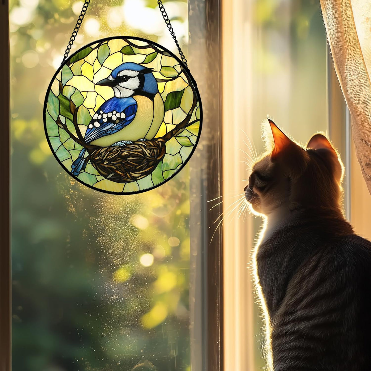 Stained Glass Window Hanging 4 Pcs Set Bird Theme On Branch Large 15" - Cardinal Suncatcher Door