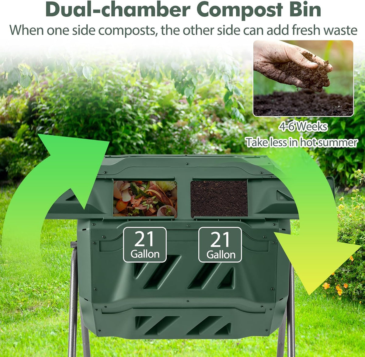 S AFSTAR Composter Tumbler Outdoor, 42-Gal Dual Chamber Tumbling Composter with 2 Sliding Doors