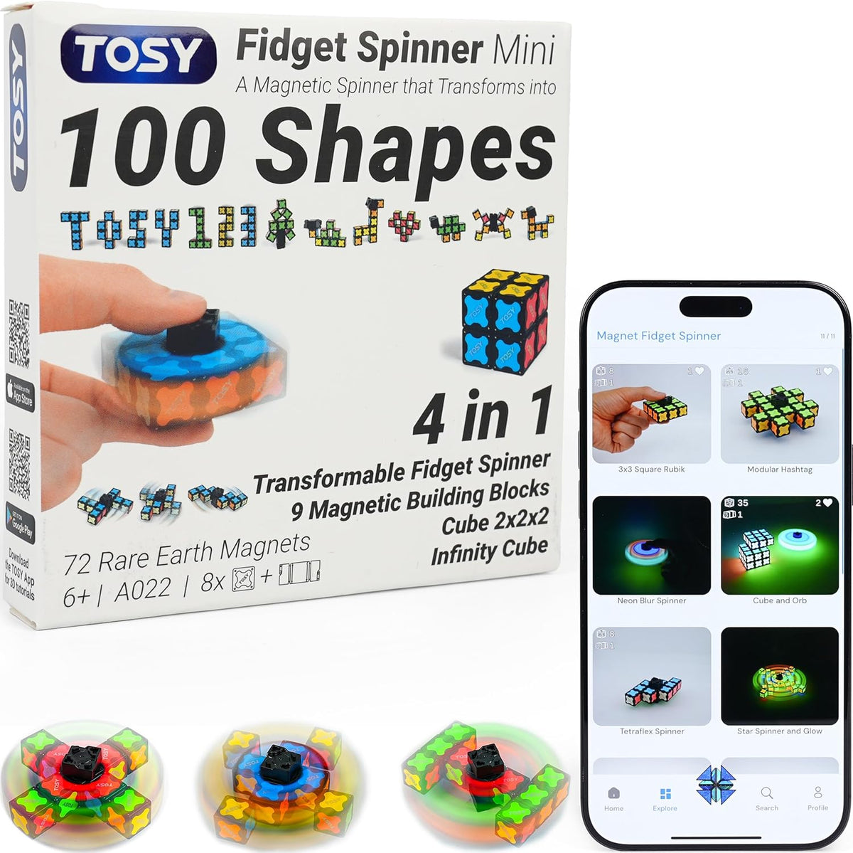 TOSY Magnet Fidget Spinner Mini - 8 Blocks, 3 in 1 Toy: Transformable Fidget Spinner, Infinity