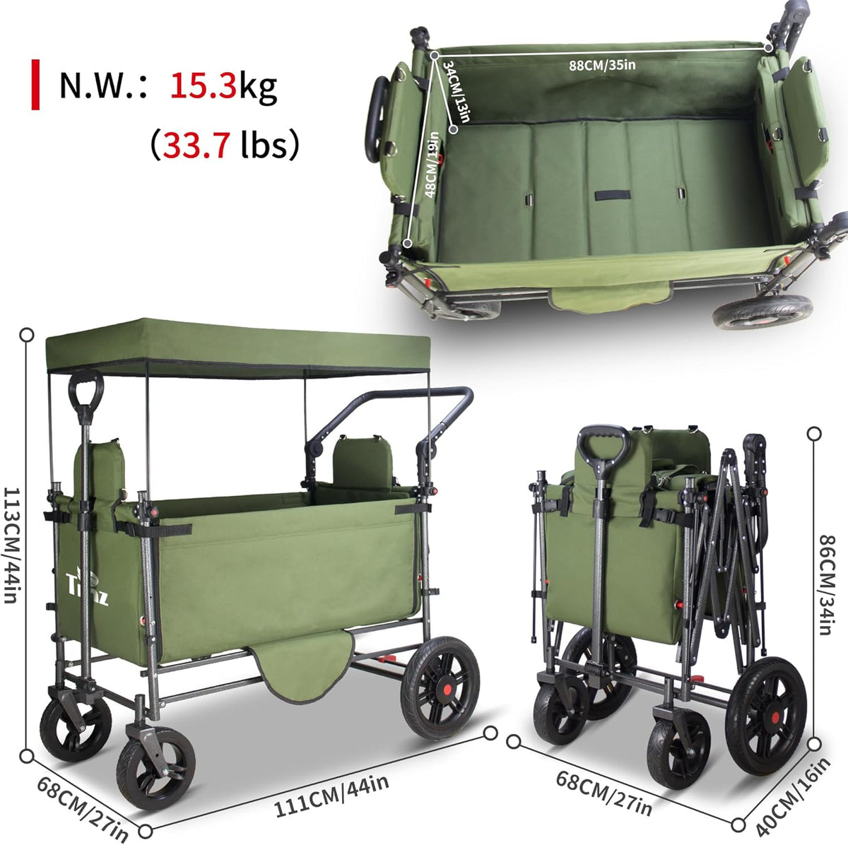 TMZ Collapsible Wagon Cart with Side-Opening Seat Conversion Design, Foldable Utility Wagon with 2
