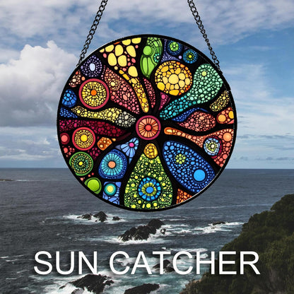 Stained Glass Window Hanging Colorful Abstract Plants 9.8" - Retro Boho Suncatcher Door Garden Sun