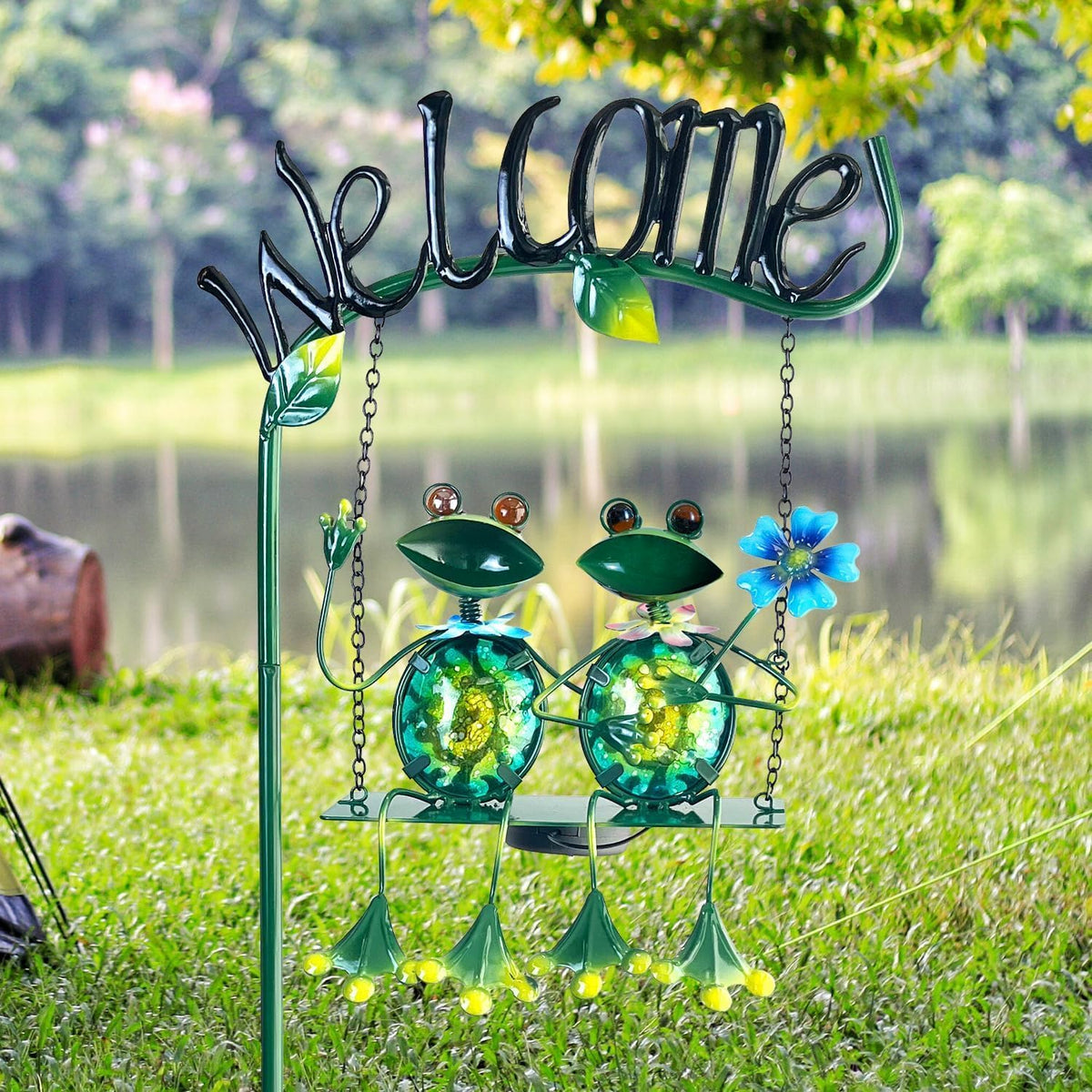 HONGLAND Outdoor Garden Solar Lights,Frog Swing Garden Decor,Frog Decorative Stake with Welcome