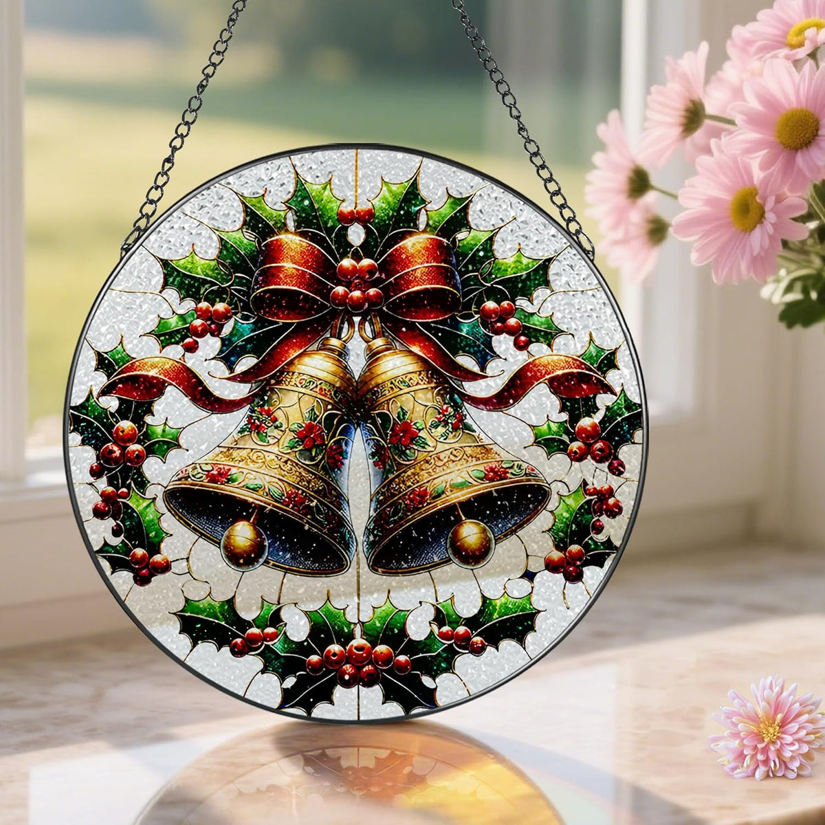 Stained Glass Window Hanging, Pauyadu Sun Catchers Indoor Window, Bells Christmas Suncatcher