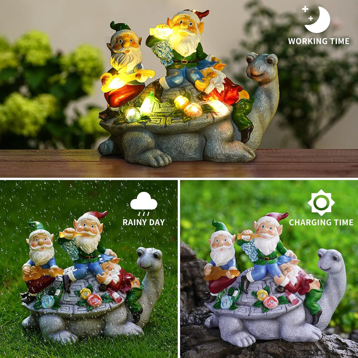Solar Garden Outdoor Statues Three Gnomes Having Party on Turtle with 7 LED Solar Figurine for