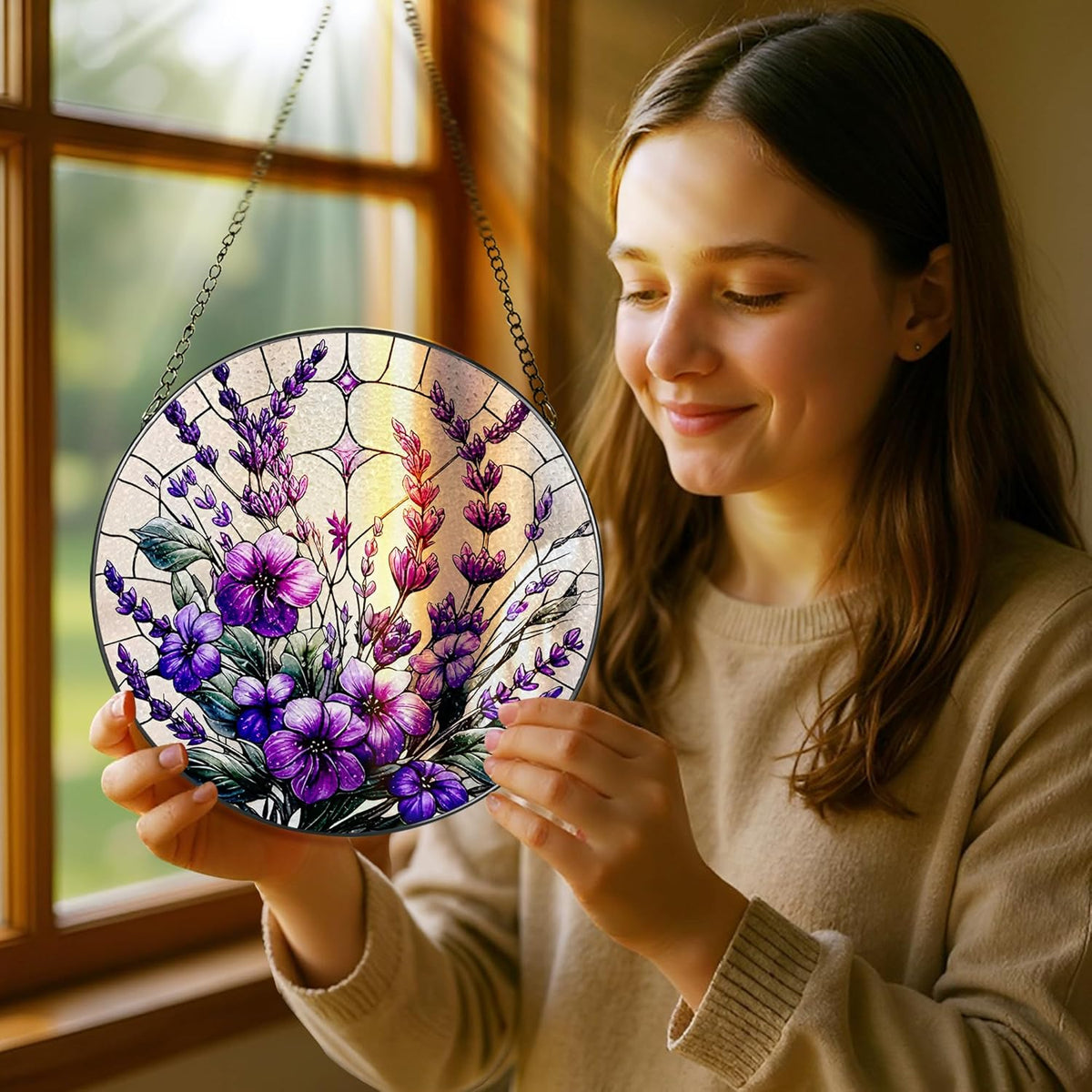 Bauhinia&Violets Flower Stained Glass Suncatcher, Stained Glass Window Hanging, 8 Inch Window