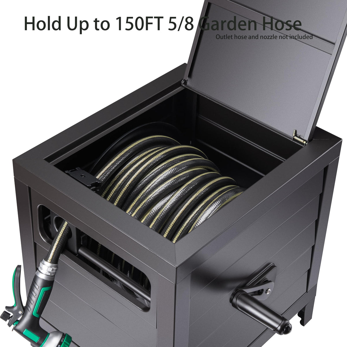 AQUAZILLA Metal Garden Hose Reel Deck box, Durable Steel Garden Hose Storage Box Cabinet, 150ft