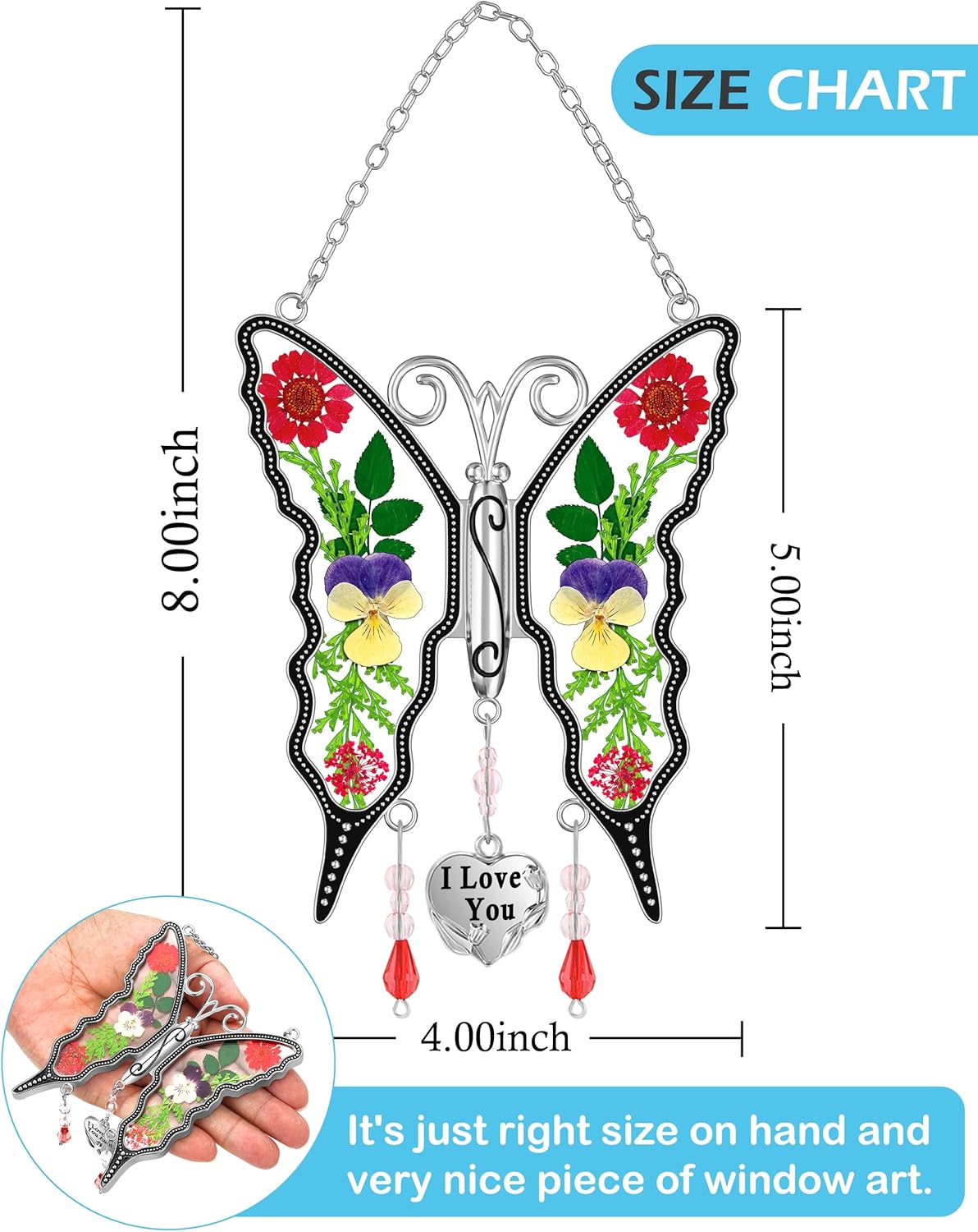 KY&BOSAM Suncatcher Butterfly Stained Glass Wind Chime Ornament for Window Hangings with Pressed