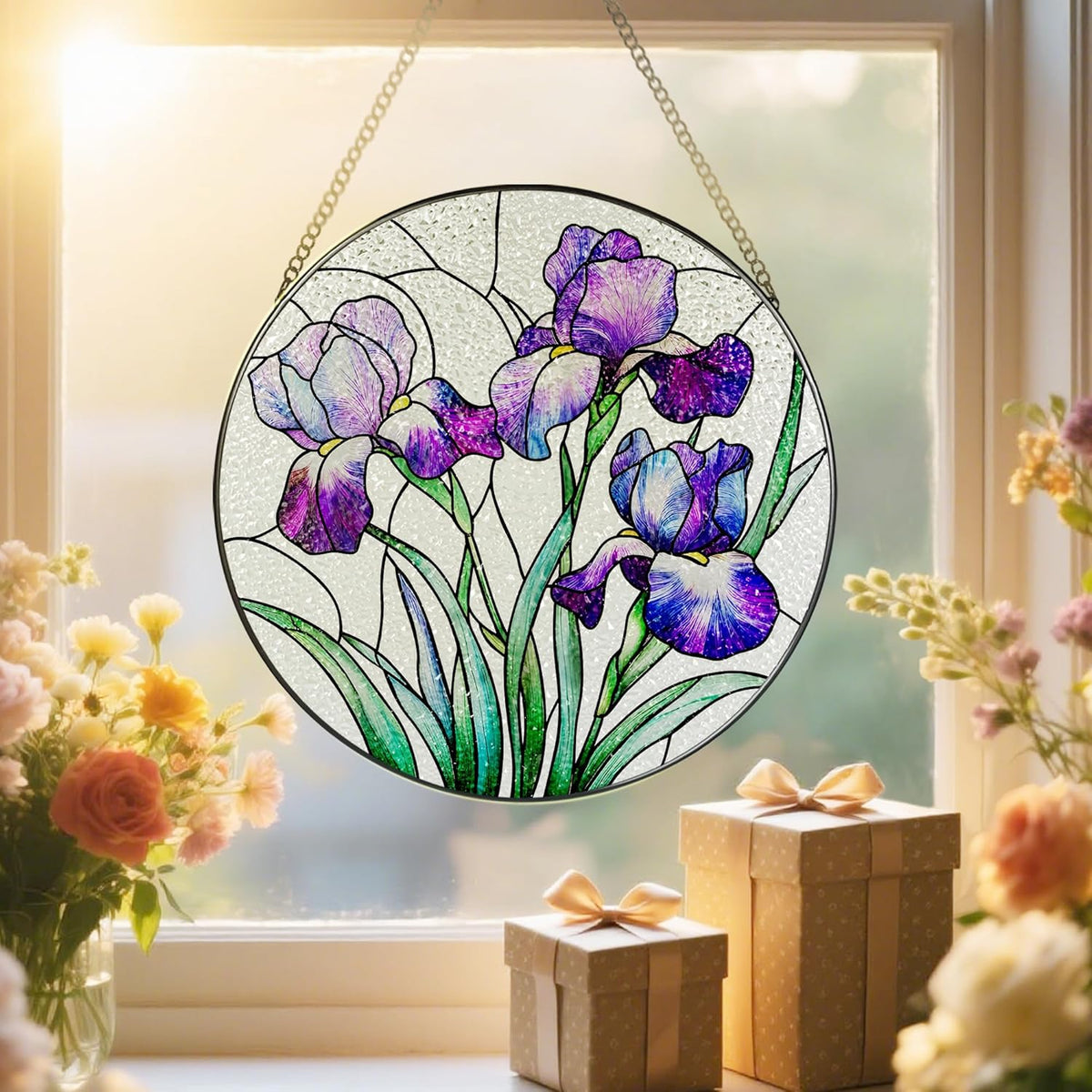 Stained Glass Window Hanging, 8 Inch Purple Irises Stained Glass Suncatcher, Flower Sun Catchers