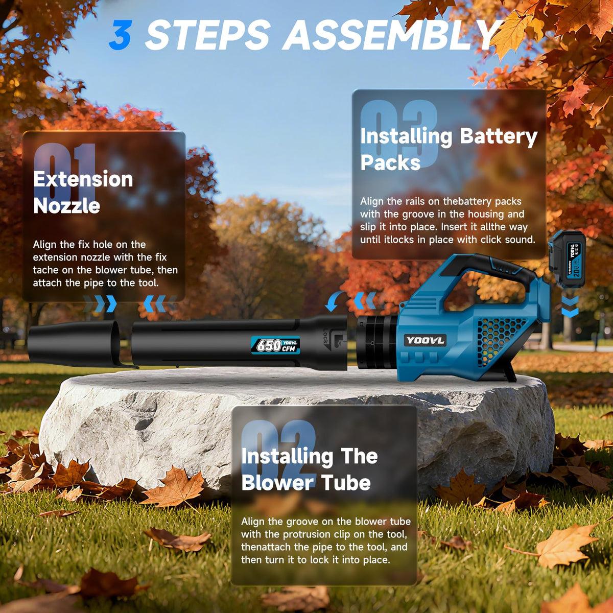 Leaf Blower Cordless, 650CFM Electric Leaf Blowers with 2 x 5.2Ah Batteries and Charger, 3 Speed