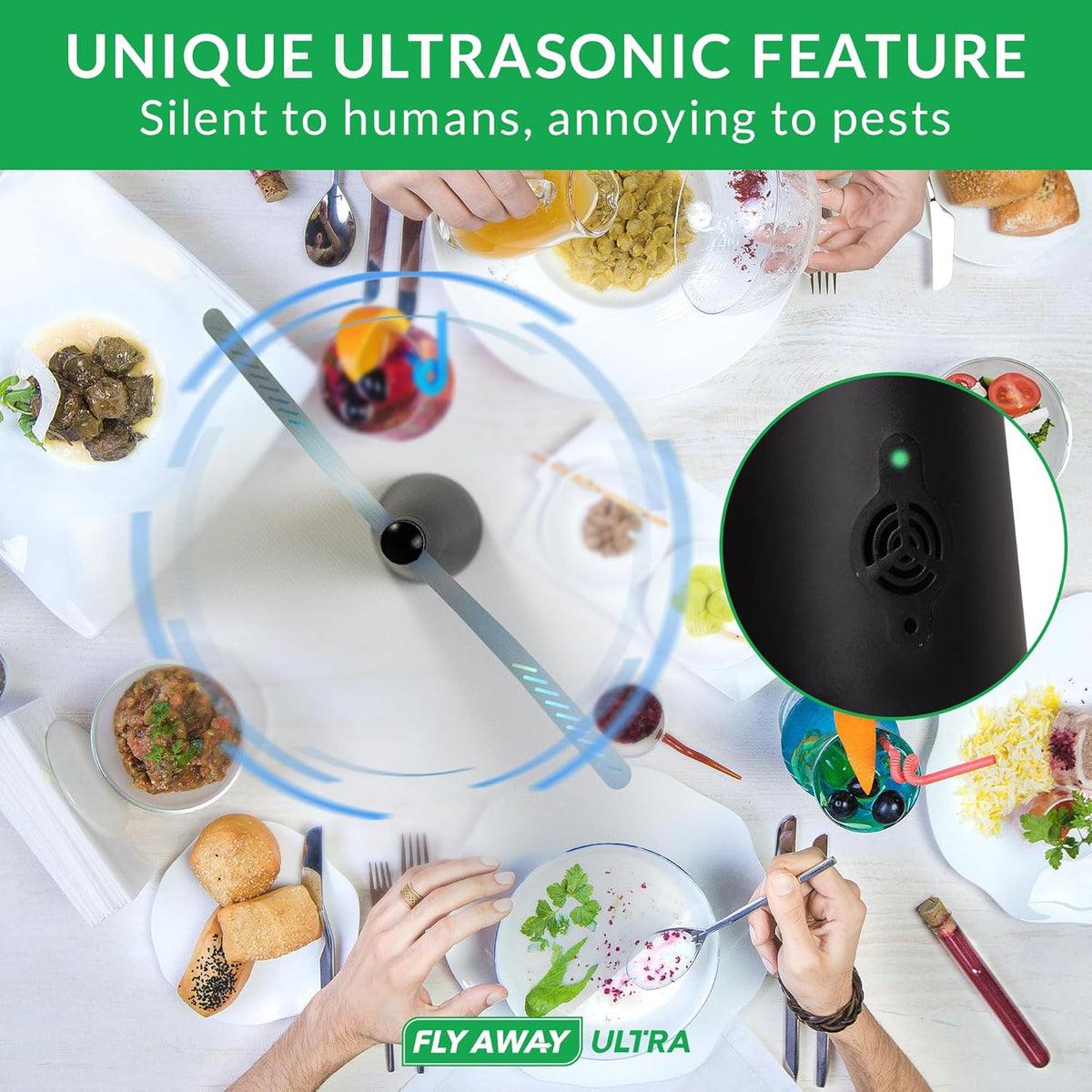 Fly Away Ultra - 2 Pack Rechargeable Outdoor Fly Fans for Tables with Ultrasound, Outdoor or Indoor