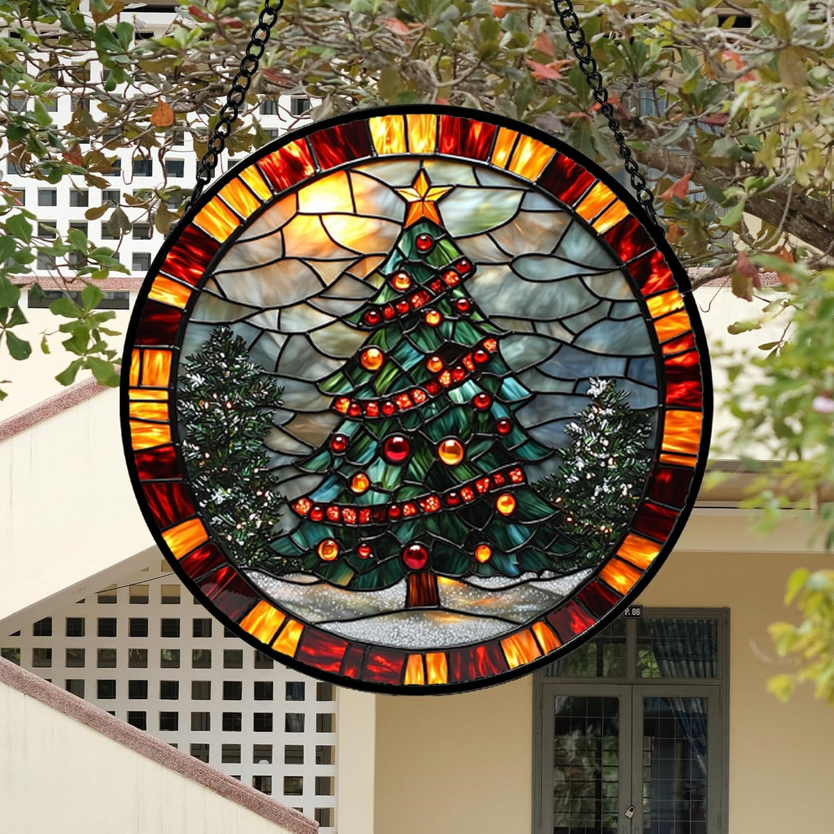 Stained Glass Window Hanging - Winter Christmas Tree Suncatcher Ready to Hang Window Doors Home