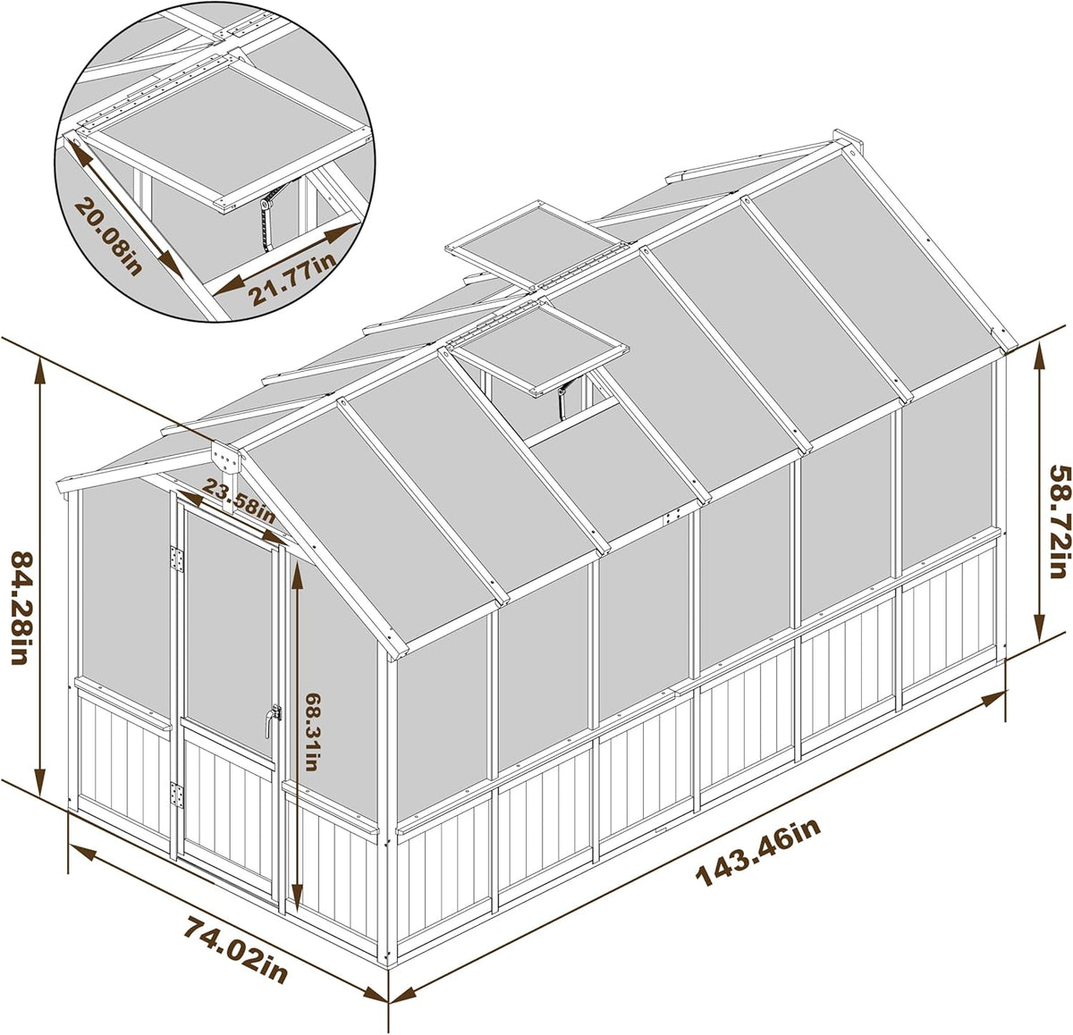 MUPATER 6' x 12' Walk-in Wooden Polycarbonate Greenhouse with Ventilated Window & Lockable Door