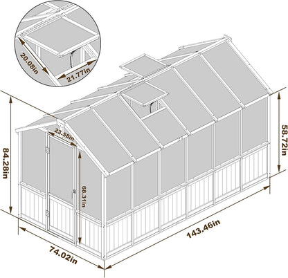 MUPATER 6' x 12' Walk-in Wooden Polycarbonate Greenhouse with Ventilated Window & Lockable Door