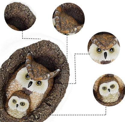 Owl Mom and Owlet Tree Hugger, Outdoor Garden Sculpture Tree Faces, Owl Bird Garden Resin Statue