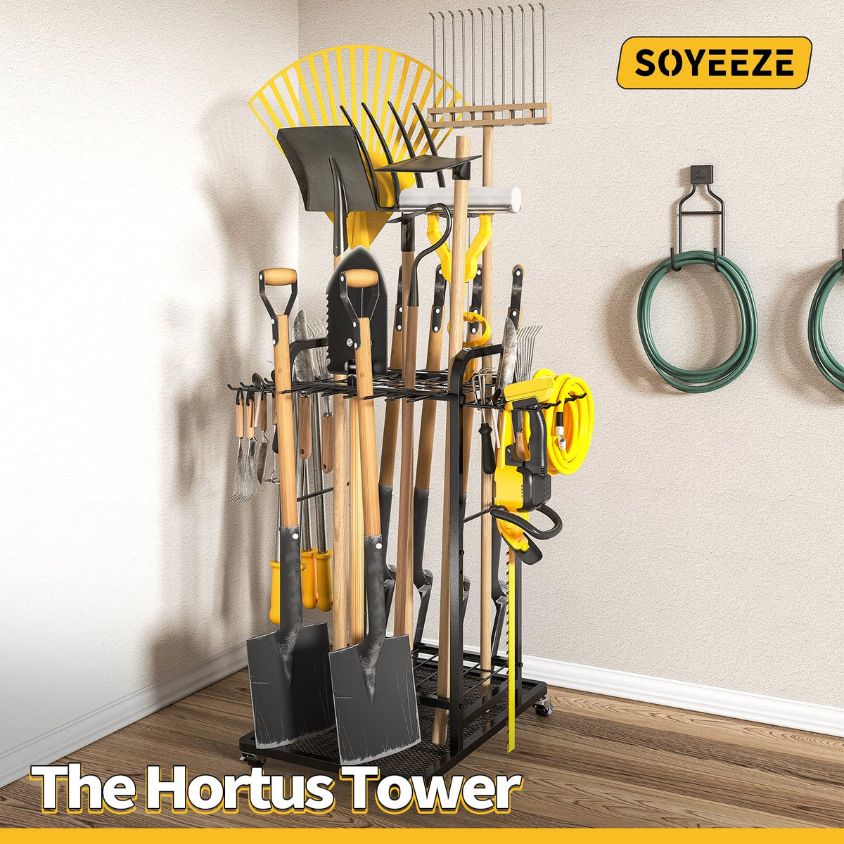 SOYEEZE Garden Tool Organizer with Lockable Wheels, Heavy Duty 3-Tier Yard Tower Tool Rack for