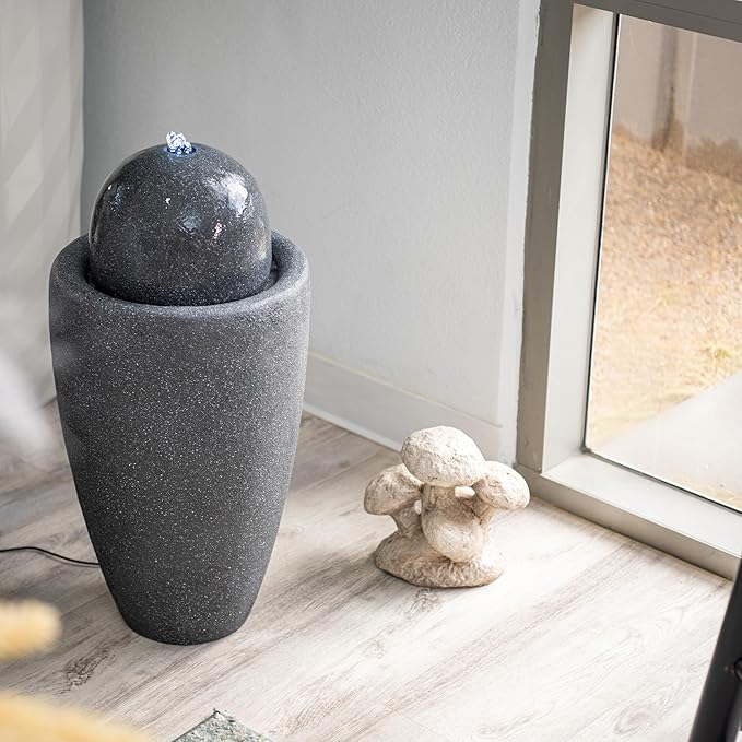 XBrand 25.98" H Round Stone Indoor/Outdoor Modern Stone Textured Sphere Water Fountain w/LED