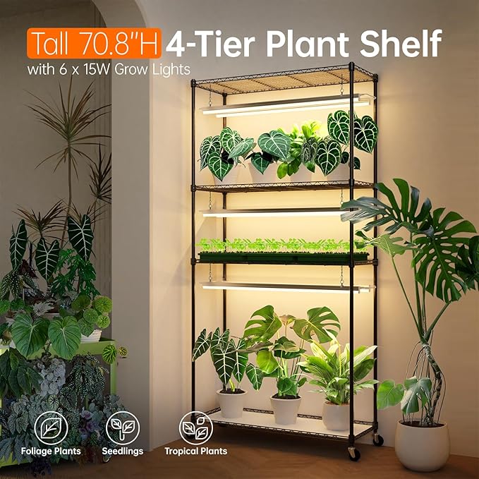 Bstrip Plant Shelf with Grow Light with Timer, Tall Plant Stand with Adjustable Rack and Wheels, 6