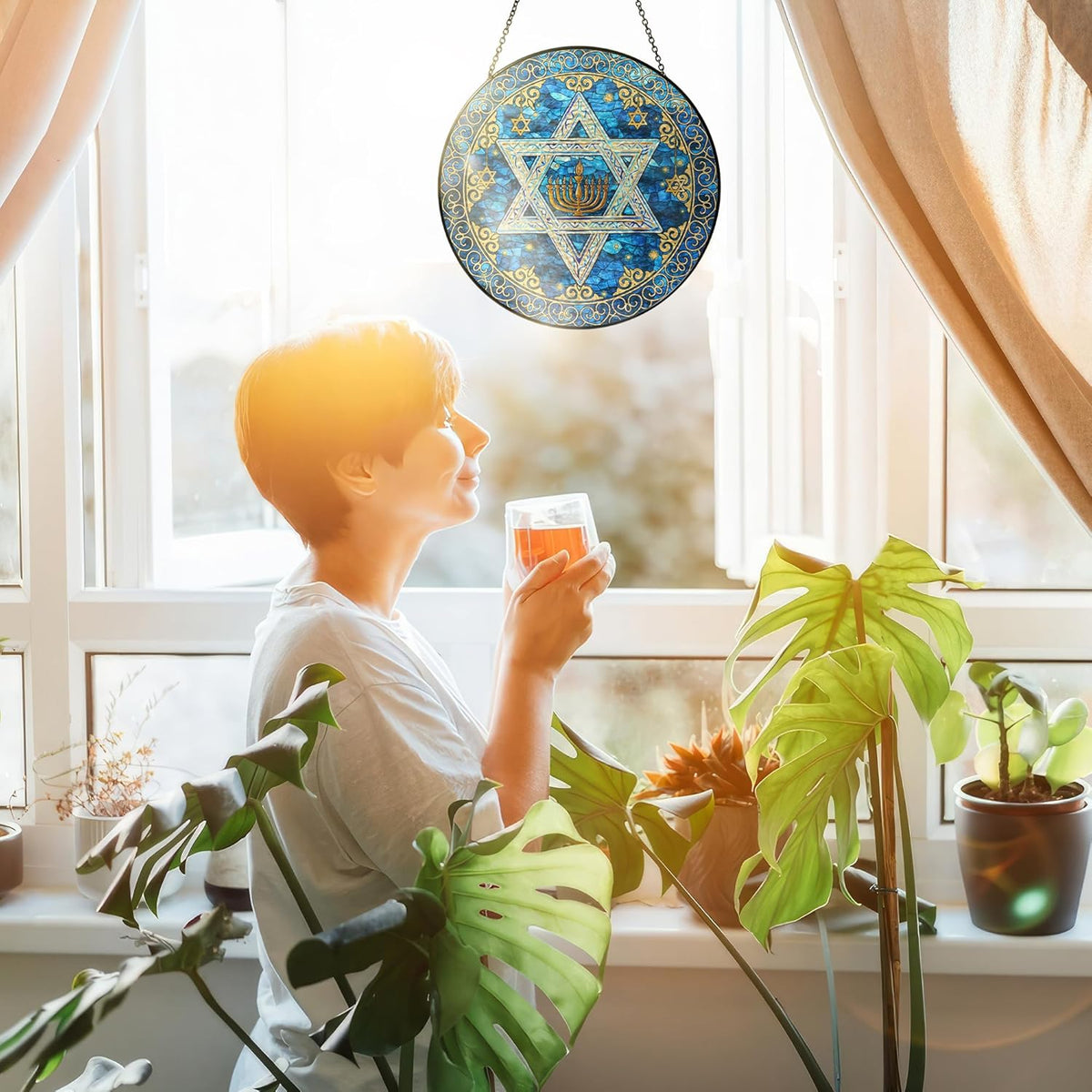 FLAGWIX Christmas Hanukkah Gifts for Women Men - Star of David Stained Glass Window Hanging 10 in