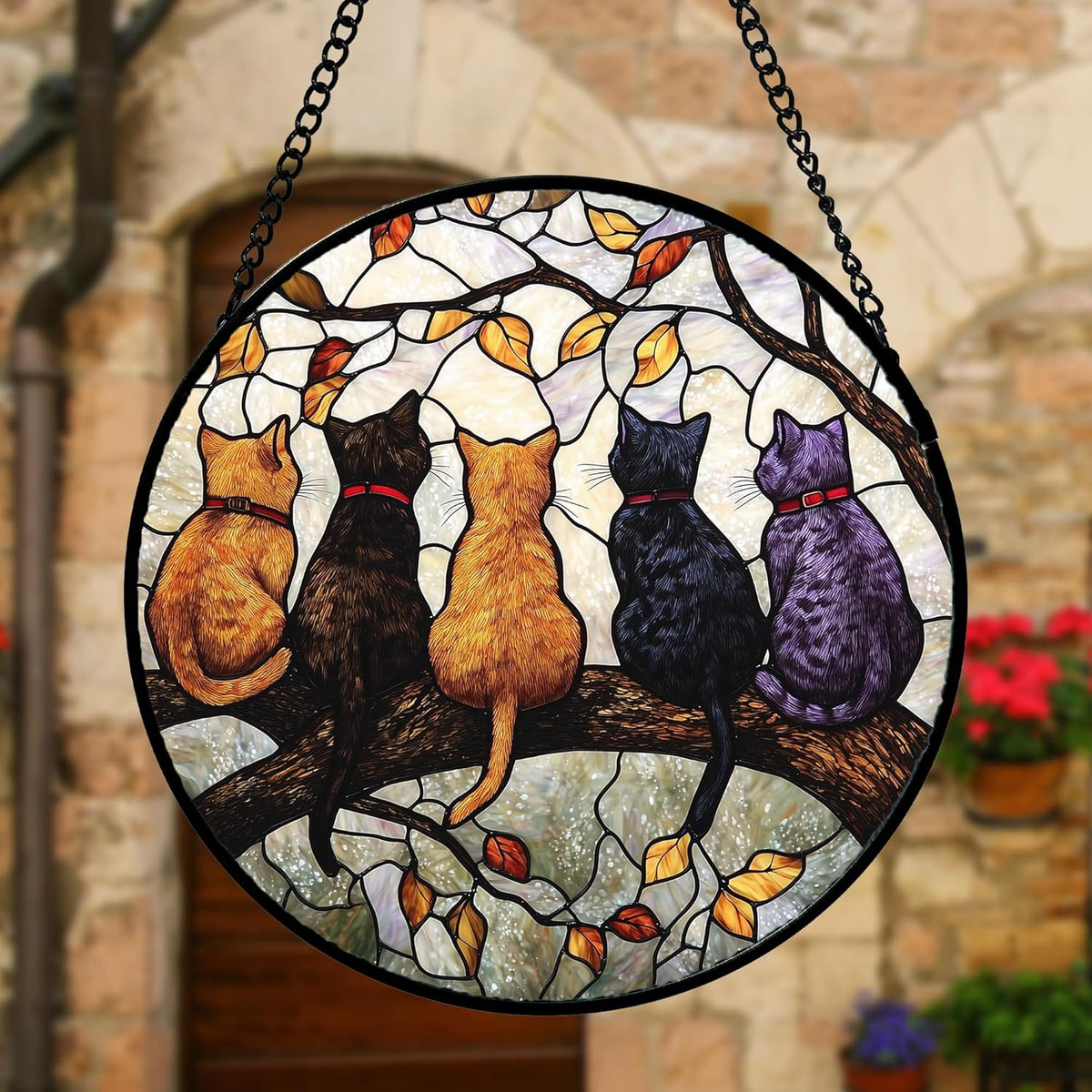 Stained Glass Window Hanging - 5 Cats on a Branch Suncatcher for Window Doors Home Decoration and