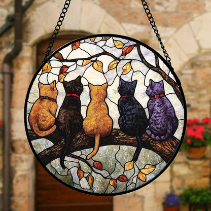 Stained Glass Window Hanging - 5 Cats on a Branch Suncatcher for Window Doors Home Decoration and