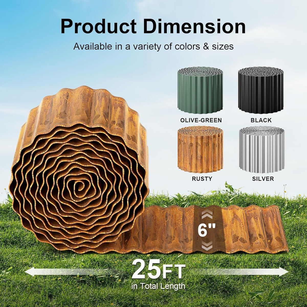 Land Guard Corrugated Garden Edging Border, 6"×25' Landscape Paver Edging, Tall Landscape Edging