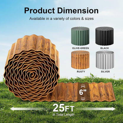 Land Guard Corrugated Garden Edging Border, 6"×25' Landscape Paver Edging, Tall Landscape Edging