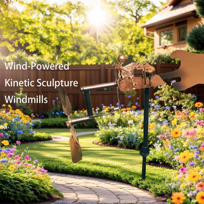 Garden Handmade Metal Rock Band Drummer Guitar Windmill, Kinetic Art Metal Sculpture Wind Spinners