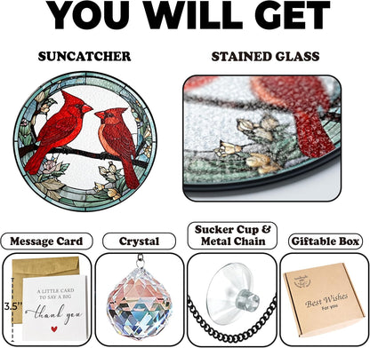 7.8" Cardinal Stained Glass Suncatchers, Red Birds and Flower Art Glass Sun Catcher for Window