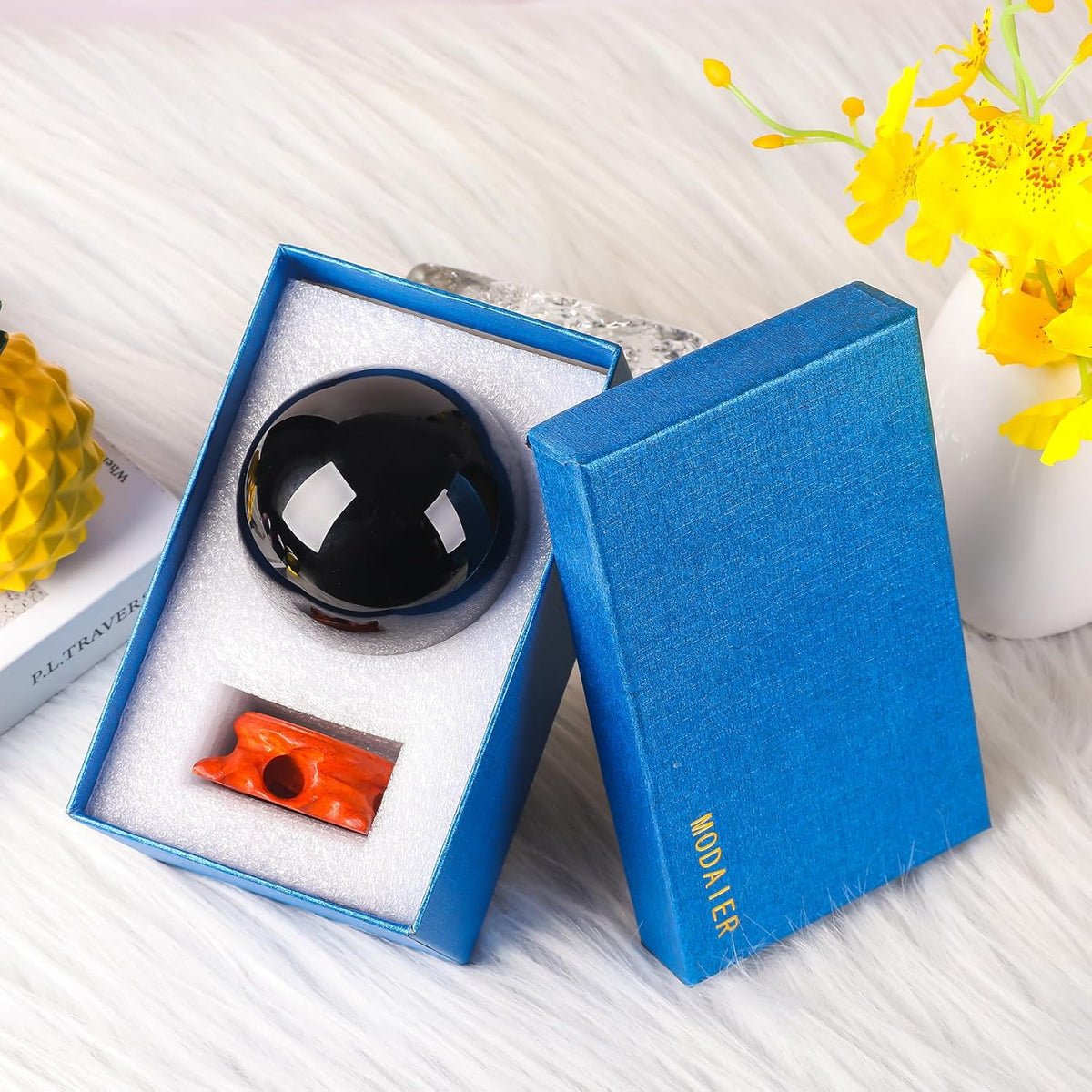 Modaier Black Small Obsidian Crystal Ball 60mm/2.3 inch with Rose Wooden Stand and Gift Box for