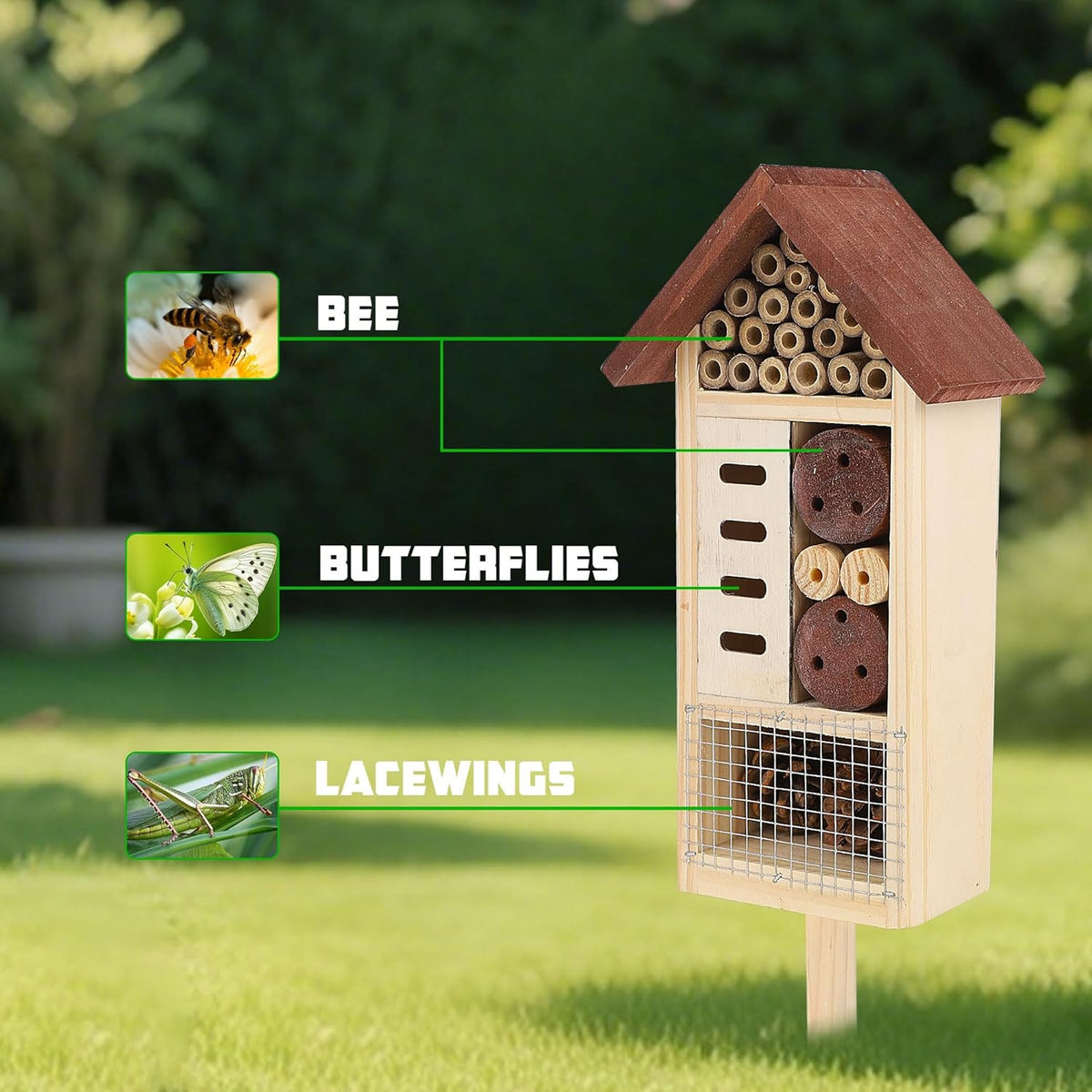 Lulu Home Wooden Insect House with Stake, Hanging & Inserting Two Mount Ways Insect Hotel for Bee