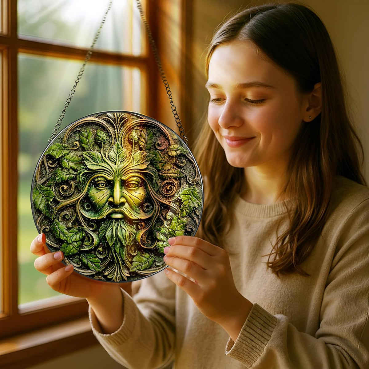 Green Man Stained Glass Suncatcher, Stained Glass Window Hanging, 8 Inch Window Decor Hanging, Gift