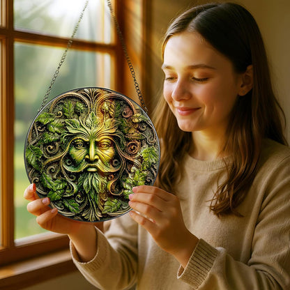 Green Man Stained Glass Suncatcher, Stained Glass Window Hanging, 8 Inch Window Decor Hanging, Gift