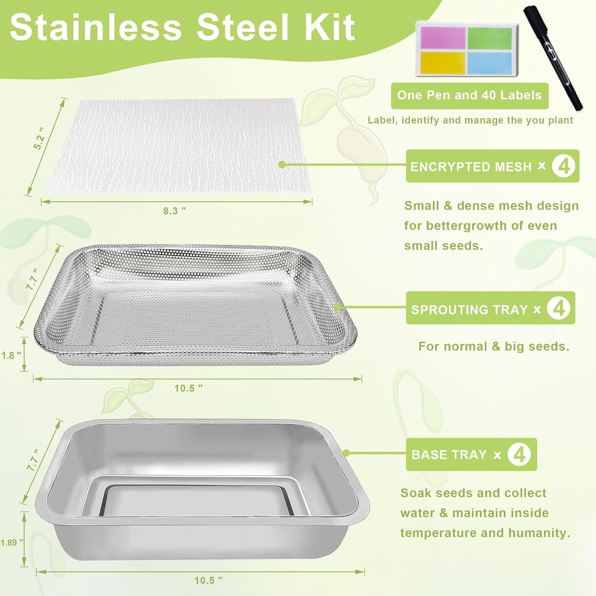 Stainless Steel Sprouts Growing Kit 4-Tier 10.4 inch Trays, Microgreens Growing Kit, Seed Sprouting