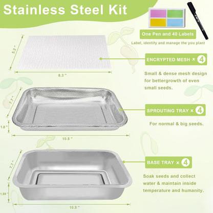Stainless Steel Sprouts Growing Kit 4-Tier 10.4 inch Trays, Microgreens Growing Kit, Seed Sprouting