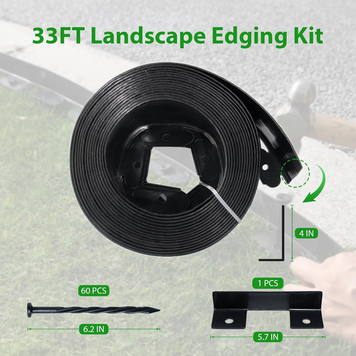 Landscape Edging Border 33 FT 4 Inch Tall with 60 Spikes, Plastic Edging for Landscaping, Garden