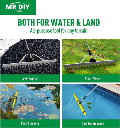 Floating Lake Rake, 36" Head Aluminum Landscape Rake with 103" Adjustable Handle, 20FT Rope &